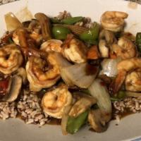 Basil Shrimp · Snow peas, mushrooms, baby corn, onion and zucchini with spicy seafood sauce.