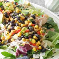Southwest Salad · Spring mix, black beans, corn, tomato, onion, avocado, cheddar, tortilla strips and chipotle...