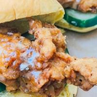 Little Chicks · 2 mini fried chicken sandwiches with homemade pickles