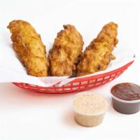 Chicken Tenders · Three hand-battered & twice-fried chicken tenders. Your choice of two sauces.