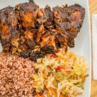 Jerk Chicken (Large) · Rice+ two sides.