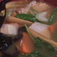 Nagoya Vegetable Ramen · Miso based soup topped with vegetables.