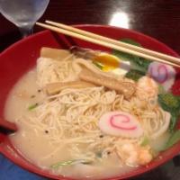 Nagoya Seafood Ramen · Seafood and pork based soup topped with vegetables.