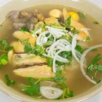 Chicken Pho Special (Pho Ga Dac Biet) · Large bowl Pho; includes gizzards, hearts, liver and baby eggs.  Garnished with onion and ci...