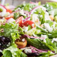 Greek Salad · Feta cheese, black olives, cucumbers, tomatoes, onions on romaine lettuce with balsamic vina...