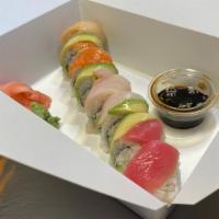 Rainbow1 · California roll with raw fish on top.

This item may contain raw or undercooked ingredients ...