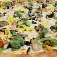 Veggie Pizza · Our scratch dough, topped with our pizza sauce, banana peppers, onions, green peppers, mushr...