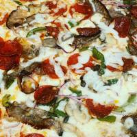 Pepperoni'S Deluxe · Sausage, pepperoni, mushrooms, green peppers, olives, onions, and extra cheese.