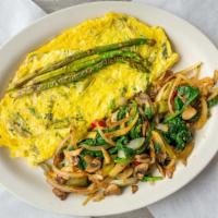 Asparagus Omelette · Asparagus, onions and Swiss cheese.