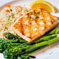 Salmon · grilled, pan seared, or baked with lemon butter, served with rice pilaf and fresh vegetables