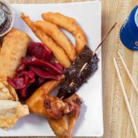 Pu-Pu Platter · For two-person. Egg roll two, chicken wings four, fried shrimps two, chicken fingers six, be...