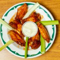 Buffalo Wings (10) · Served with choice of mild hot or bbq sauces with celery and blue cheese.