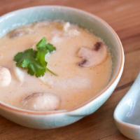 Tom Kha Gai · Delicious chicken soup with coconut milk, lemongrass, galangal, lime juice, mushrooms, and s...