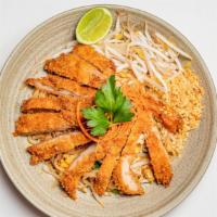 Crispy Chicken Pad Thai · Stir-fried rice noodles with crispy chicken, egg, bean sprouts, scallions, and ground peanuts.
