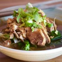 Duck Noodle Soup · Thai style rice noodle soup with sliced boneless roasted duck, bean sprouts, fried garlic, c...