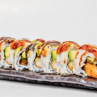 Red Dragon Roll · Shrimp tempura, avocado, asparagus, roe, and scallions topped with red tuna and spicy mayo.