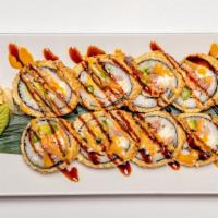 Sushi Bomb Roll · Yellowtail, salmon, tuna, asparagus, scallions, avocado, cream cheese and tempura roll katsu...