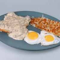 Nana'S Biscuits And Sausage Gravy · Two eggs and hash brown.