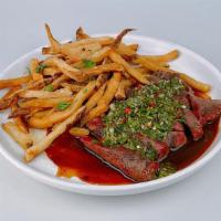 Steak Frites · 8 oz flatiron steak*, truffle fries, béarnaise, side salad (Gluten-Sensitive)