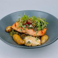 Grilled Salmon · Warm cauliflower salad, roasted tomatoes, chimichurri (GF)