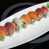 Rainbow Maki · Avocado, cucumber and crabmeat rolled with assorted fish. Eight 
pieces of rolled sushi.