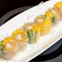 Mango Shrimp Maki · Shrimp tempura, mango and cucumber wrap with rice paper. Six pieces of rolled sushi.