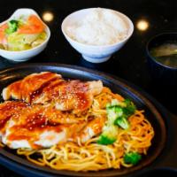 Chicken Teriyaki Entree · Grilled and smothered with our own special teriyaki sauce. Served with miso soup, green sala...