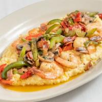 Shrimp & Grits · Castle Valley Mill grits, white Cheddar, bacon, local mushrooms, mixed bell peppers, scallio...