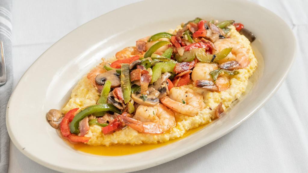 Shrimp & Grits · Castle Valley Mill grits, white Cheddar, bacon, local mushrooms, mixed bell peppers, scallions. Wine pairing suggestion - Penns Woods, Viognier.