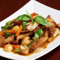 Ck19. Crispy Chicken Basil · Crispy chicken sauteed with onions, bell peppers, mushroom, and basil leaves in special hot ...