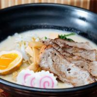 Beef Ramen · Beef, spinach, bean sprout, bamboo shoot, boiled egg, & miso ramen broth.