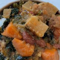 Spicy Veggie Stew · Hearty, tender and hot — this vegan daikon & kale stew is nutritious and delectably spiced!