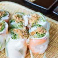 Summer Rolls · Rice paper salad rolls. Noodles, lettuce, cucumber, fried shallots, herb mix. Served with fi...