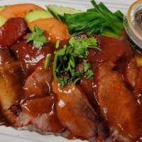 Roasted-Pork On Rice (Khao-Moo-Dang) · Roasted pork, crispy pork-belly, sweet sausage, bok choy, cucumber, scallion, cilantro, half...