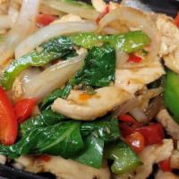 Hot Basil🌶️ · Stir-fried with onion, mushroom, Thai basil, bell pepper in Thai spicy basil sauce, white ri...