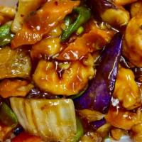 Jumbo Shrimp W. Eggplant In Garlic Sauce · Hot & Spicy.
