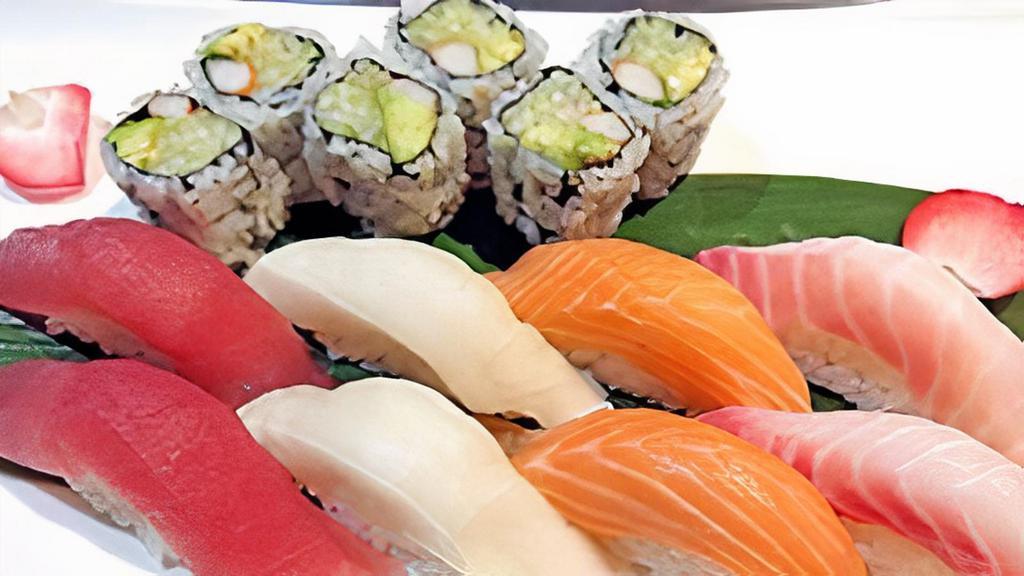 Sushi Regular · Eight pieces sushi and california roll. Served with miso soup or salad.