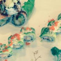Caterpillar Roll · Eight pieces. Shrimp tempura and crab stick inside, top with avocado crunch masago and eel s...