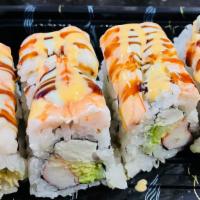 Tri-Color Roll · Eight pieces. Crab stick, cream cheese, avocado inside, top with boiled shrimp, served with ...