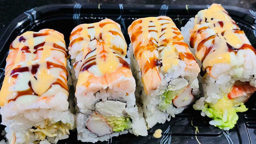 Tri-Color Roll · Eight pieces. Crab stick, cream cheese, avocado inside, top with boiled shrimp, served with eel sauce, spicy mayo and honey wasabi.