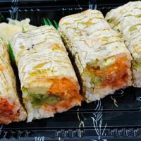 Tiger Roll · Eight pieces. Spicy tuna, spicy salmon, cucumber and avocado wrapped with maki konbu paper.
