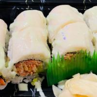 White House Roll · Eight pieces. Spicy crab, crunch, avocado inside top with white tuna, served with spicy hone...