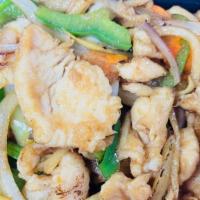 Ginger Chicken · Pepper, ginger, onion, bamboo shoot, scallion and carrot. Served with choice of rice. Hot an...