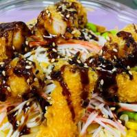 Shrimp Tempura Bowl · Shrimp tempura ,sweet tofu ,avocado,edmame ,corn,pineapple,spicy crabmeat with eel sauce