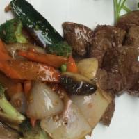 Hibachi Steak · With broccoli, mushrooms, carrots, onion and zucchini. Served with soup or salad and rice.