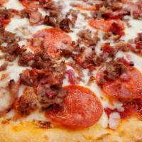Meat Lovers · Ham, sausage, pepperoni, meatballs, bacon, mozzarella, tomato sauce.