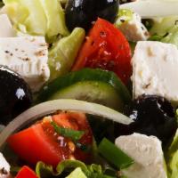 Greek Salad · lettuce, tomatoes, onions, cucumbers, Kalamata olives, feta cheese NO SUBSTITUTIONS