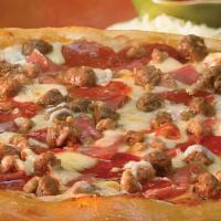 The Meatster Pizza · Pizza sauce topped with pepperoni, Italian sausage, ground beef, Italian salami, ham, bacon ...