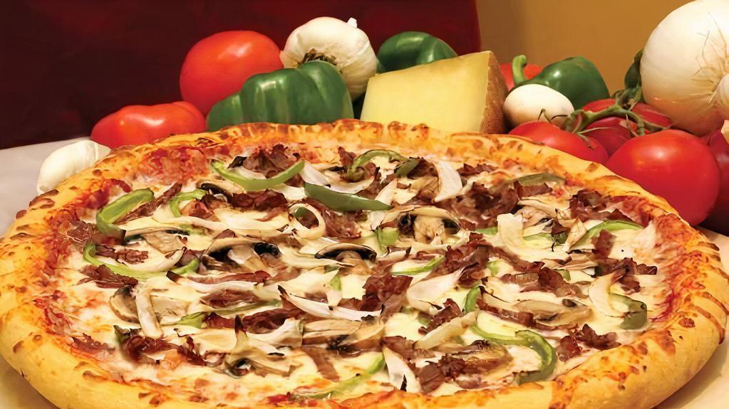 Italian Cheesesteak Pizza (Small) · Hand-Tossed. Our marinara sauce topped with sirloin steak meat, fresh mushrooms, fresh green peppers, fresh onions and our special blend of 100% fresh natural cheeses.