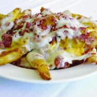 Bacon Cheese Fantastic Fries · Crispy french fries topped with pizza cheese, cheddar cheese and bacon crumbles.